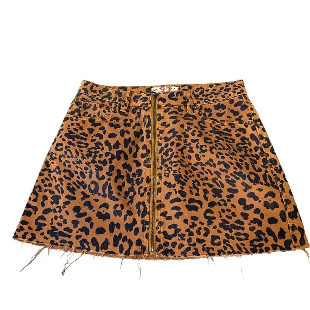 Free People Zip It Up Animal leopard Print Mini Skirt Sz 27